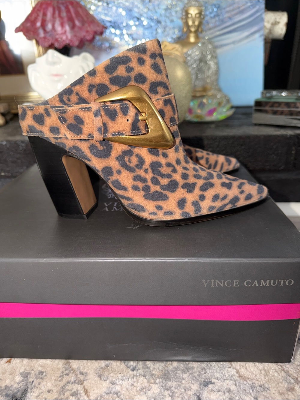 Vince Camuto Leopard-Print Pointed Mule with Gold Buckle